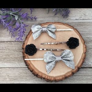Silver Bow & Black Flower Hair Pins. Set o…